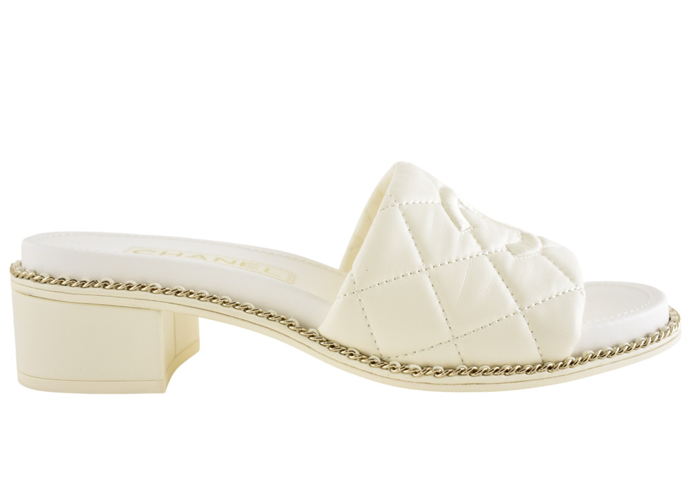 Chanel 25P White Quilted Leather Chain CC Logo Mule Slide Sandal Block Heel 40.5